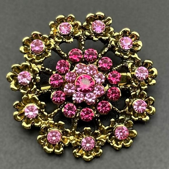 Yellow Gold with Light and Dark Pink Sapphire Crystal Flower Pin Back Brooch - Picture 1 of 7